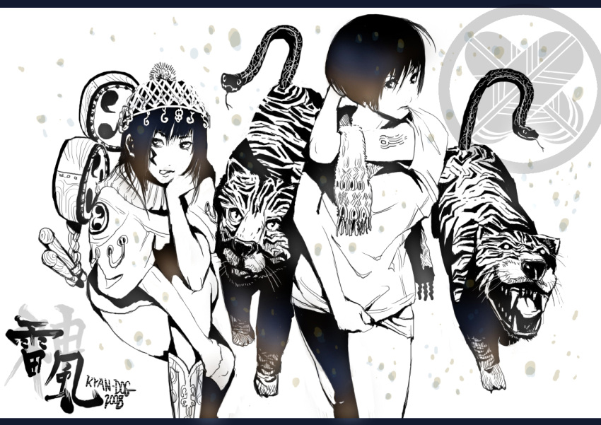 2girls :p bob_cut boots commentary covering hat kyan-dog monochrome original scarf sitting snake tattoo tiger tongue