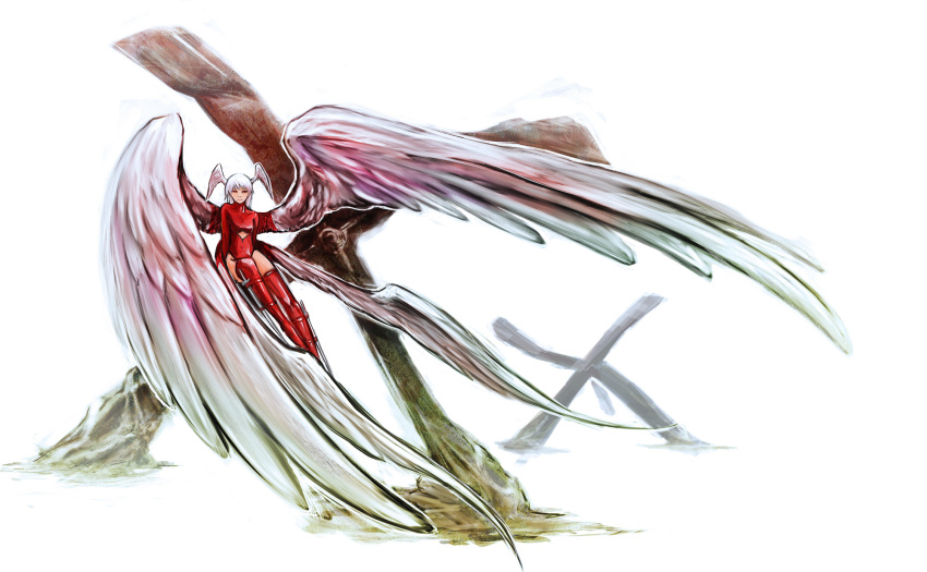 bad_id bodysuit boots final_fantasy final_fantasy_tactics head_wings headwings highres long_hair red_eyes silver_hair solo sparrowswallow sword thigh-highs thigh_boots thighhighs ultima_(fft) weapon wings