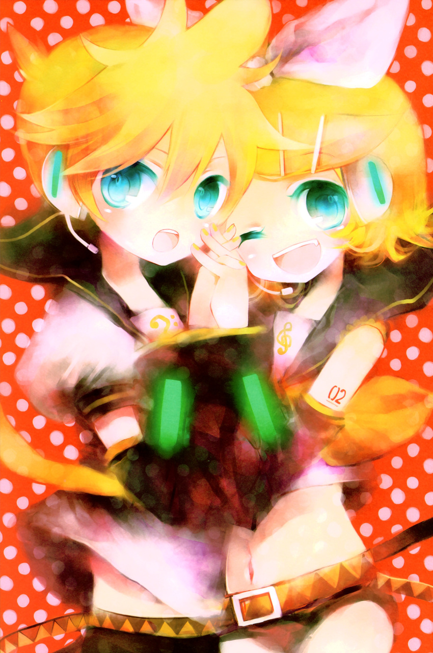 aqua_eyes blonde_hair detached_sleeves hair_ornament hair_ribbon hairclip hand_holding headphones highres holding_hands kagamine_len kagamine_rin midriff nail_polish necktie ribbon sailor_collar sailor_uniform school_uniform serafuku shimeko short_hair shorts siblings smile tattoo twins vocaloid wink