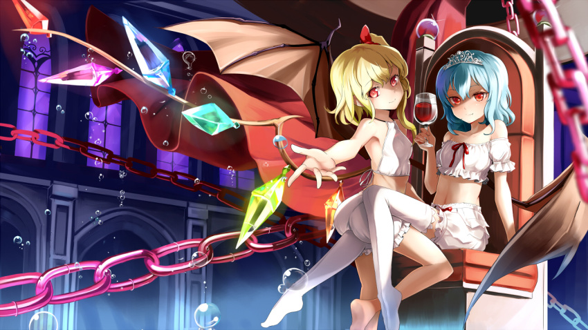 2girls alternate_costume ass bat_wings blonde_hair bloomers blue_hair blush chain crown cup emerane fangs flandre_scarlet hair_ribbon lavender_hair multiple_girls navel outstretched_arm outstretched_hand red_eyes remilia_scarlet revision ribbon short_hair siblings side_ponytail sisters sitting smile thigh-highs throne tiara touhou underwear underwear_only white_legwear window wine wine_glass wings