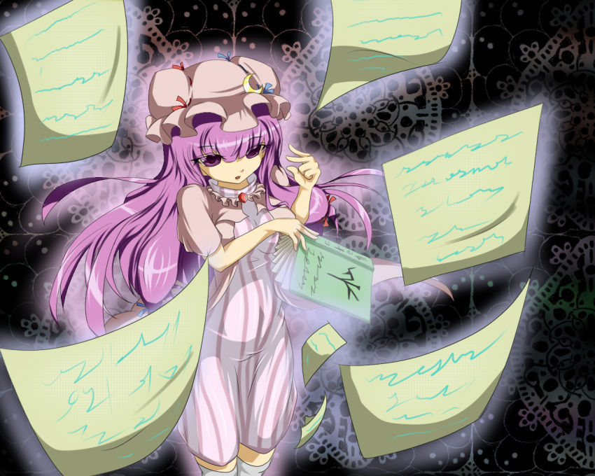 book flying_paper fukanaga_kazuhiro fukunaga_kazuhiro hat long_hair paper patchouli_knowledge purple_hair touhou violet_eyes