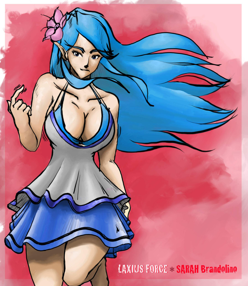 barefoot blue_hair breasts camisole cleavage flower hair_flower hair_ornament large_breasts laxius leg_lift long_hair pointy_ears sarah_brandolino skirt solo wind