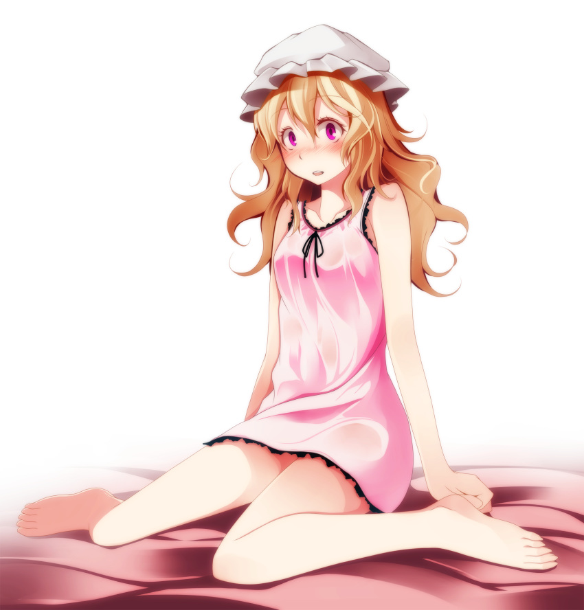 1girl absurdres bare_arms bare_legs bare_shoulders barefoot blonde_hair blush collarbone hat highres long_sleeves maribel_hearn night nightgown open_mouth purple_hair s-syogo solo touhou