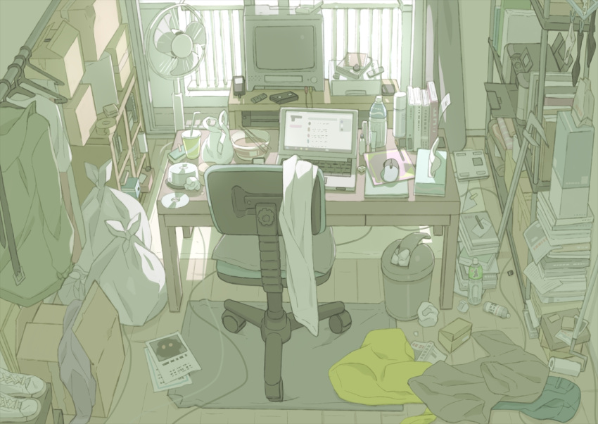 bag bottle box caliper cd cd_case chair computer computer_mouse fan laptop messy_room muted_color napkin no_humans office_chair original paint_roller paper pillow printer shirt shoes sneakers table tagme television tomioka_jirou trash_can