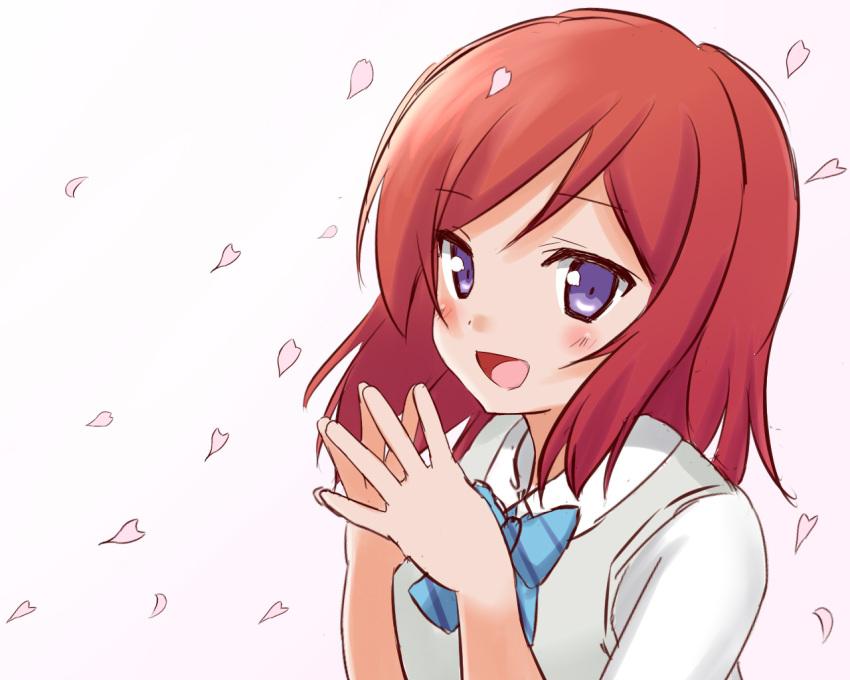 1girl :d cherry_blossoms hands_together looking_at_viewer love_live!_school_idol_project negishio nishikino_maki open_mouth redhead school_uniform short_hair smile solo violet_eyes