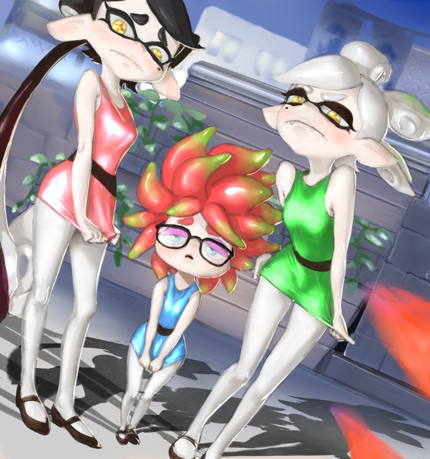 +_+ 3girls anemo_(splatoon) aori_(splatoon) bare_shoulders black-framed_glasses black_hair blossom_(ppg) blossom_(ppg)_(cosplay) blue_dress blue_eyes bubbles_(ppg) bubbles_(ppg)_(cosplay) buttercup_(ppg) buttercup_(ppg)_(cosplay) commentary_request cosplay dabohaze_(artist) domino_mask dress eyeshadow fangs frown glasses green_dress highres hotaru_(splatoon) leaf long_hair makeup mary_janes mask mole mole_under_eye multiple_girls open_mouth pale_skin pantyhose pink_dress pink_hair pointy_ears powerpuff_girls rob_(splatoon) shoes short_dress short_hair siblings silver_hair sisters splatoon symbol-shaped_pupils tentacle_hair white_legwear yellow_eyes
