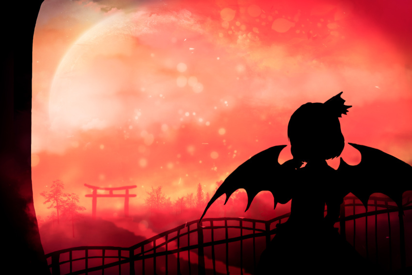 1girl akyuun bat_wings full_moon light_particles moon path railing red_moon remilia_scarlet road silhouette solo torii touhou tree wings