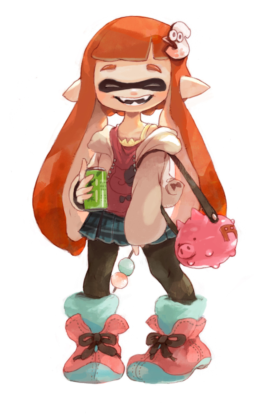 1girl absurdres alternate_costume boots closed_eyes commentary_request dango domino_mask eyebrows fangs food fruit hair_ornament hairpin highres hoodie inkling jajji-kun_(splatoon) minato_(minat0) orange pantyhose pointy_ears skirt smile soda_can splatoon tentacles thick_eyebrows wagashi