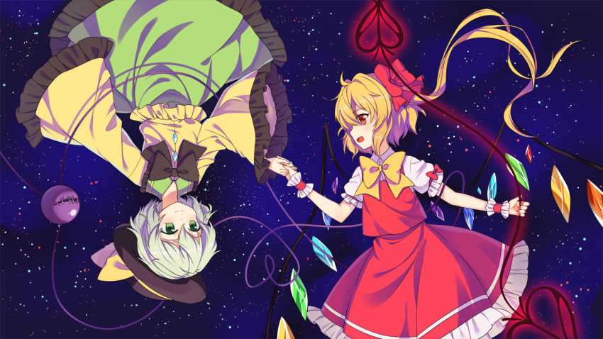 2girls asymmetrical_hair blonde_hair bow bowtie crystal eyeball flandre_scarlet frills green_eyes green_hair hair_bow hair_ornament hat hat_ribbon heart heart_of_string holding_hands komeiji_koishi laevatein long_sleeves looking_at_another multiple_girls nail_polish no_hat open_mouth profile puffy_sleeves red_eyes ribbon shirt short_hair short_sleeves side_ponytail skirt skirt_set smile star_(sky) string third_eye touhou transistor upside-down vest wide_sleeves wings wrist_cuffs