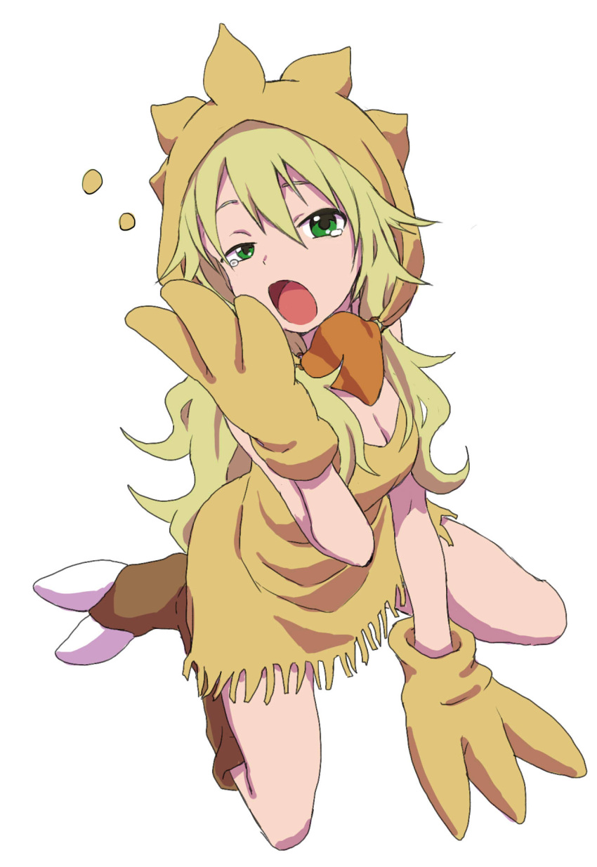 1girl blonde_hair breasts chocobo cleavage final_fantasy gloves green_eyes highres hoshii_miki idolmaster kijouyu_udon long_hair looking_at_viewer open_mouth simple_background solo tears white_background yawning