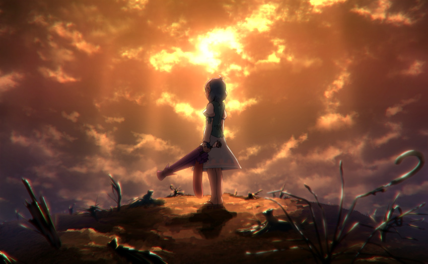 1girl backlighting blood bloody_tears blue_hair broken broken_umbrella clouds cloudy_sky commentary_request dark from_behind full_body geta highres juliet_sleeves karakasa_obake kitano_(kitanosnowwhite) long_sleeves looking_away nature outdoors profile puffy_sleeves scenery shirt short_hair signature skirt sky solo sunlight sunset tatara_kogasa tears touhou umbrella vest wasteland