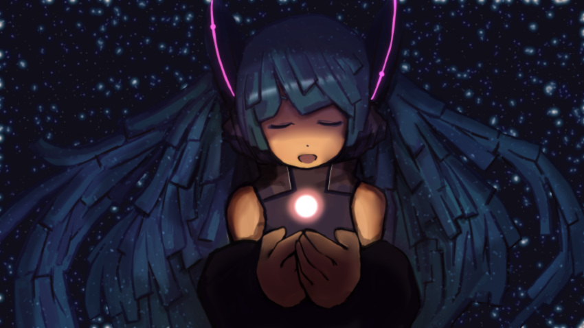 1girl aqua_hair bare_shoulders closed_eyes commentary_request dark detached_sleeves hatsune_miku headphones highres light moifactory open_mouth sky solo star star_(sky) starry_background starry_sky upper_body vocaloid