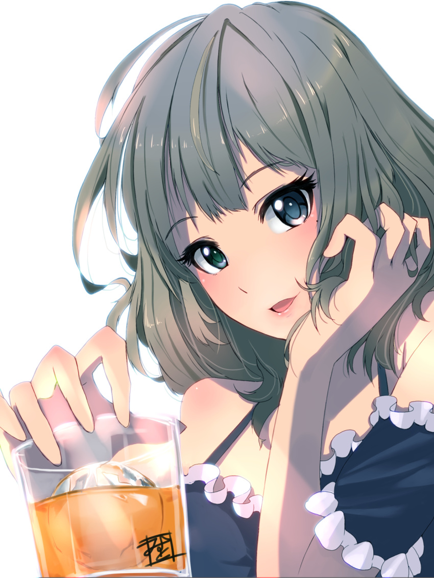1girl alcohol bare_shoulders blue_eyes blush brown_hair close-up dress drinking_glass face fringe glass green_eyes heterochromia highres ice idolmaster idolmaster_cinderella_girls looking_at_viewer mistrail mole open_mouth short_hair smile solo takagaki_kaede upper_body