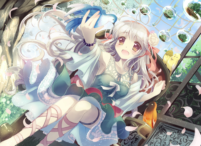 1girl :d ahoge ankle_lace-up bare_shoulders bird bracelet brown_eyes cross-laced_footwear dress flower grey_hair hair_flower hair_ornament hair_ribbon hairband hands highres jewelry long_hair natsukawa_sarasa open_mouth original petals ribbon smile solo tree