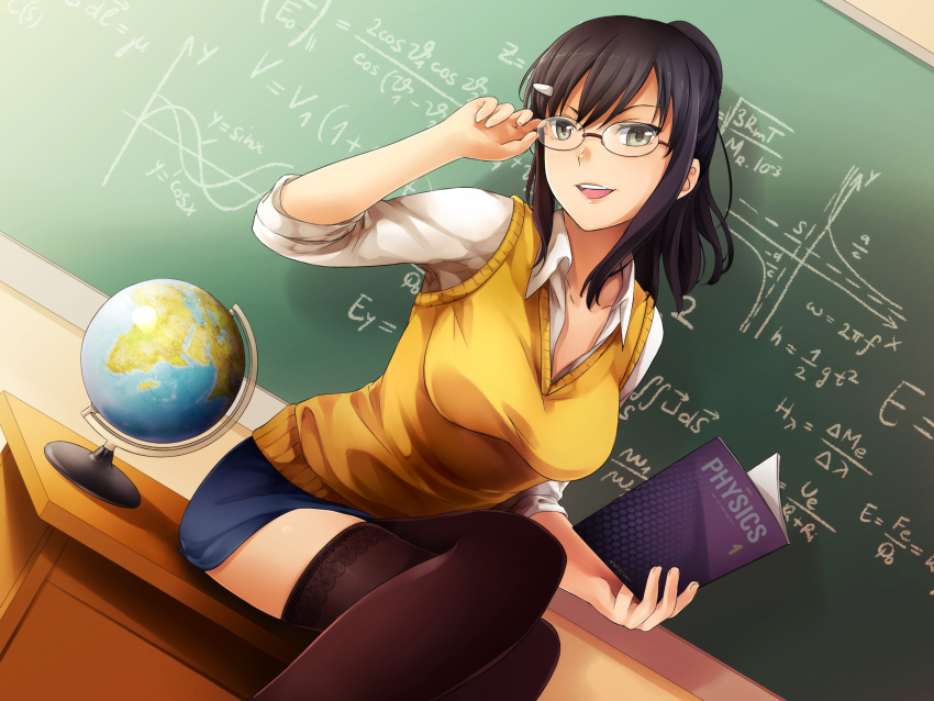 1girl adjusting_glasses adjusting_hair aiko_yumi black_hair black_legwear book breasts chalkboard classroom collared_shirt crossed_legs dutch_angle game_cg garters glasses globe grey_eyes hair_ornament hairclip highres holding holding_book hunie_pop indoors lace lace-trimmed_thighhighs long_hair looking_at_viewer math miniskirt ninamo on_desk open_book open_mouth pencil_skirt rimless_glasses shirt sitting sitting_on_desk skirt sleeves_pushed_up smile solo sweater_vest taut_clothes teacher thigh-highs white_shirt wing_collar zettai_ryouiki