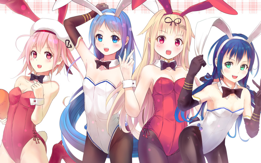 4girls :d animal_ears arm_up arms_up black_bowtie black_legwear blonde_hair blue_eyes blue_hair blue_ribbon blush boots bow bowtie breasts bunny_tail bunnysuit cleavage cowboy_shot culter detached_collar ears elbow_gloves eyelashes gloves green_eyes hair_ribbon harusame_(kantai_collection) hat hat_bow high_heel_boots high_heels highres kantai_collection long_hair multiple_girls open_mouth pantyhose pink_hair rabbit_ears red_boots red_eyes red_legwear remodel_(kantai_collection) ribbon samidare_(kantai_collection) short_hair smile suzukaze_(kantai_collection) tail thigh-highs v wallpaper wrist_cuffs yuudachi_(kantai_collection)