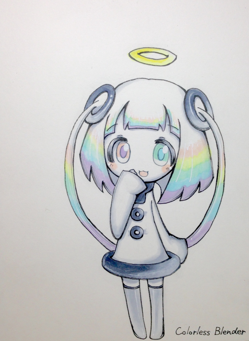 0-chan_(keigozoo) 1girl :d absurdres aqua_eyes bangs blue_eyes blush_stickers chibi commentary_request english gradient_eyes grey_legwear hair_rings halo hand_to_own_mouth heterochromia highres ink_blender long_sleeves looking_at_viewer marker_(medium) multicolored_eyes multicolored_hair open_mouth orange_eyes original personification rainbow_hair short_hair_with_long_locks simple_background smile solo standing tareme thigh-highs traditional_media violet_eyes white_background white_hair wide_sleeves zettai_ryouiki zoo_(keigozoo)