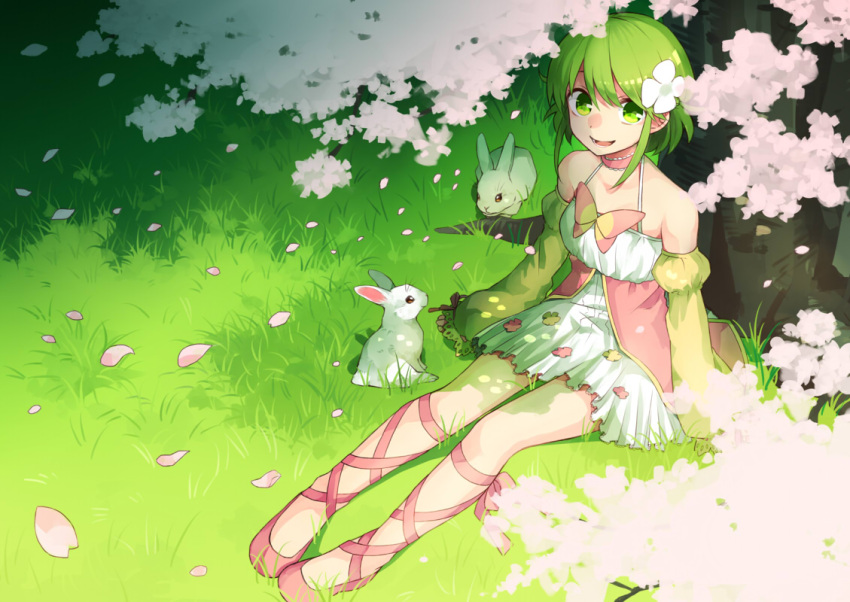 1girl amarisu ankle_lace-up bare_shoulders cherry_blossoms cross-laced_footwear detached_sleeves dress flower grass green_eyes green_hair hair_flower hair_ornament original petals rabbit short_hair sitting smile solo tree