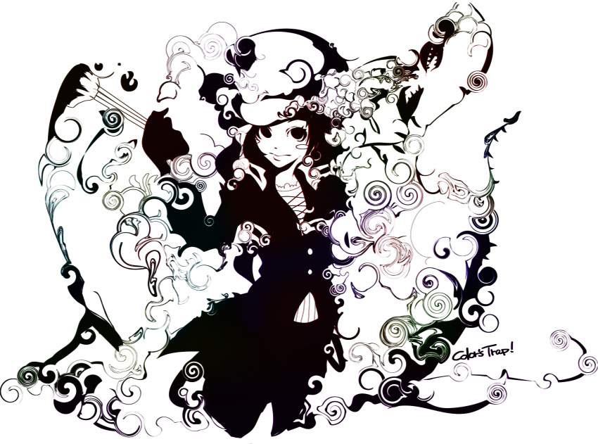 1girl abstract black commentary_request english engrish gradient hat highres looking_at_viewer miss_goldenweek moifactory one_piece paintbrush ranguage simple_background solo spiral swirls white white_background