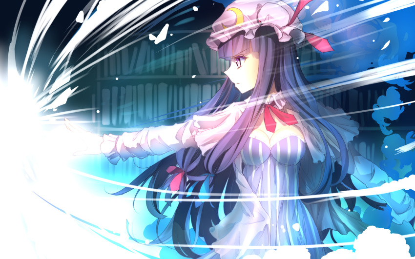 1girl bangs blue_ribbon blunt_bangs book bookshelf breasts cleavage cowboy_shot crescent crescent_hair_ornament culter dress eyelashes focused hair_ornament hat hat_ribbon highres library long_hair long_sleeves magic nose outstretched_arm patchouli_knowledge profile purple_hair red_ribbon ribbon smoke solo striped striped_dress touhou violet_eyes wallpaper