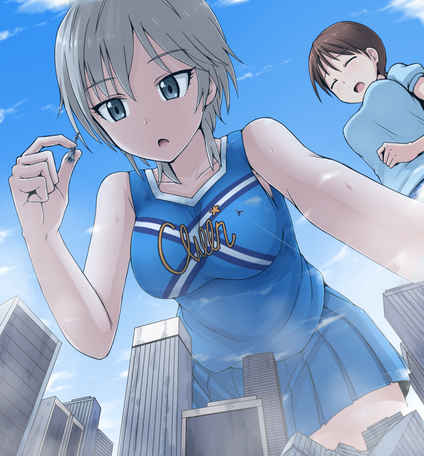 2girls anastasia_(idolmaster) blue_eyes brown_hair cheerleader city closed_eyes destruction from_below giantess highres idolmaster idolmaster_cinderella_girls long_hair multiple_girls nitta_minami open_mouth short_hair silver_hair skirt sky sweat terada_ochiko