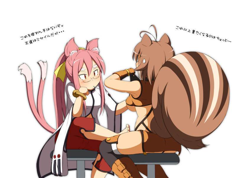 animal_ears antenna_hair barefoot black_legwear blazblue blush breasts brown_hair candy capri_pants cat_ears chin_rest commentary_request constricted_pupils crossed_legs glasses highres kokonoe large_breasts lollipop long_hair makoto_nanaya microskirt mirano multiple_tails pants pink_hair red_eyes semi-rimless_glasses shirt_lift short_hair sitting skirt small_breasts squirrel_ears squirrel_tail sweatdrop tail thigh-highs translation_request two_side_up under-rim_glasses under_boob