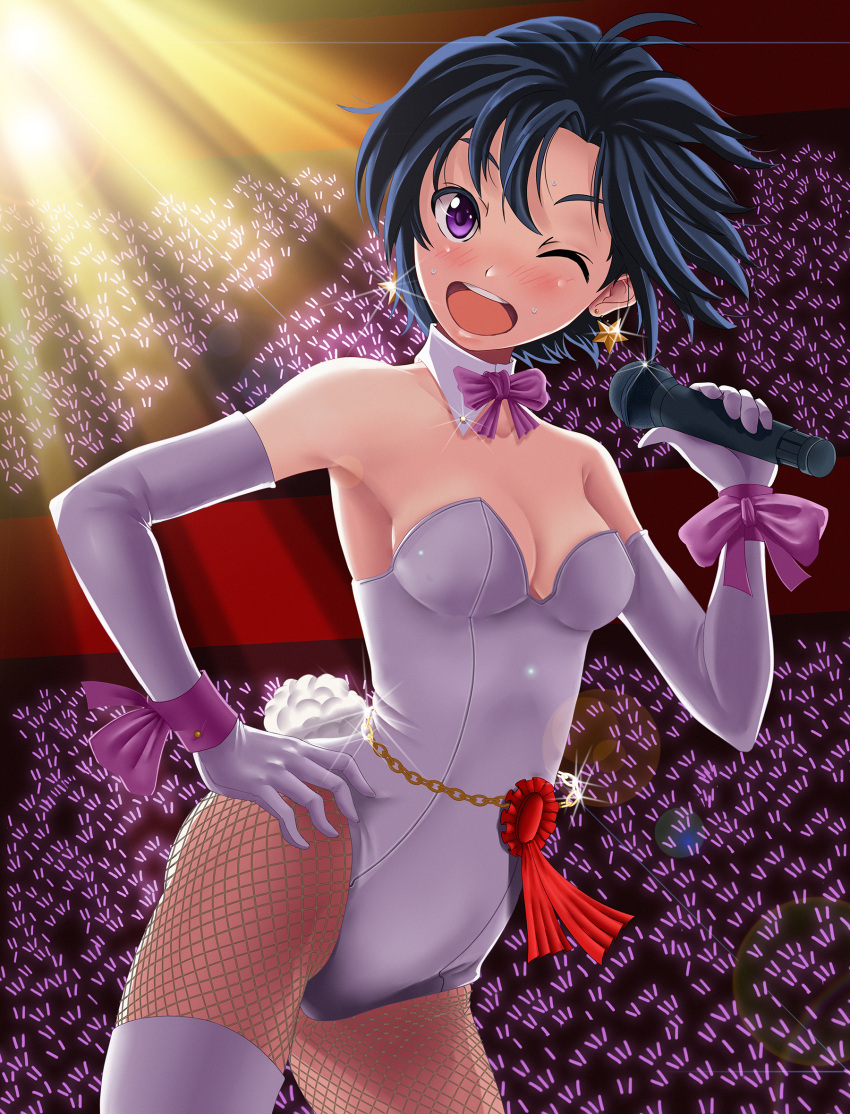 1girl audere bare_shoulders black_hair blush bowtie breasts bunny_girl bunny_tail bunnysuit cleavage cowboy_shot detached_collar earrings fishnet_pantyhose fishnets head_tilt highres idolmaster jewelry kikuchi_makoto lens_flare microphone pantyhose short_hair solo sparkle star star_earrings sweat tail thigh-highs violet_eyes