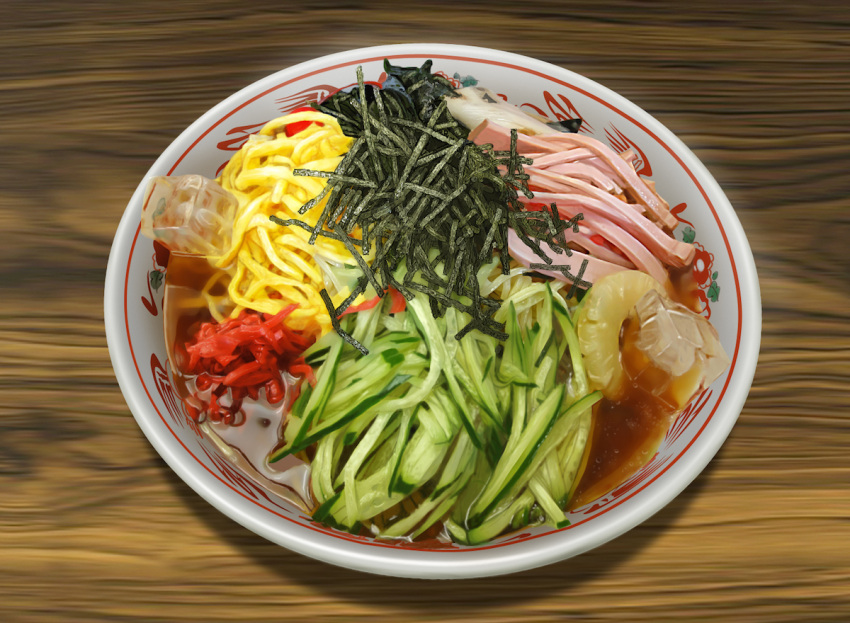 bowl food hokkaido_(artist) ice_cube no_humans noodles ramen realistic seaweed wooden_table