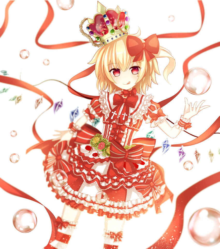 1girl alternate_costume blonde_hair bow bubble crown dress flandre_scarlet hair_bow highres licking_lips looking_at_viewer puffy_sleeves red_eyes rinne_(kouheiramia) smile solo striped striped_dress striped_legwear thigh-highs tongue tongue_out touhou wings wrist_cuffs zettai_ryouiki
