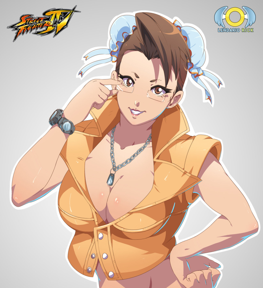 1girl artist_name breasts brown_eyes brown_hair bun_cover charlie_nash charlie_nash_(cosplay) chun-li cleavage copyright_name cosplay dog_tags double_bun error glasses hand_on_hip highres large_breasts lendario_rick lips midriff rimless_glasses solo street_fighter street_fighter_iv upper_body vest watch watch