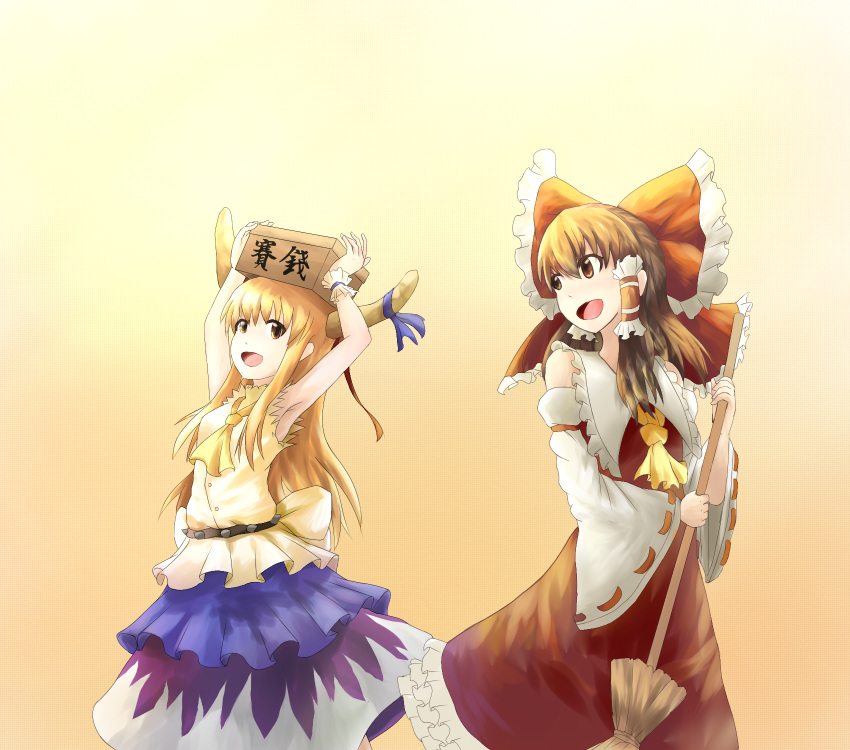 2girls armpits ascot belt bow box broom brown_eyes brown_hair cowboy_shot detached_sleeves fen_zuo gradient gradient_background hair_bow hair_tubes hakurei_reimu hands_above_head highres horn_ribbon horns ibuki_suika layered_skirt looking_at_another looking_at_viewer multiple_girls object_on_head open_mouth orange_hair payot ponytail ribbon ribbon-trimmed_sleeves ribbon_trim shirt simple_background skirt skirt_set sleeveless sleeveless_shirt touhou wrist_cuffs yellow_eyes