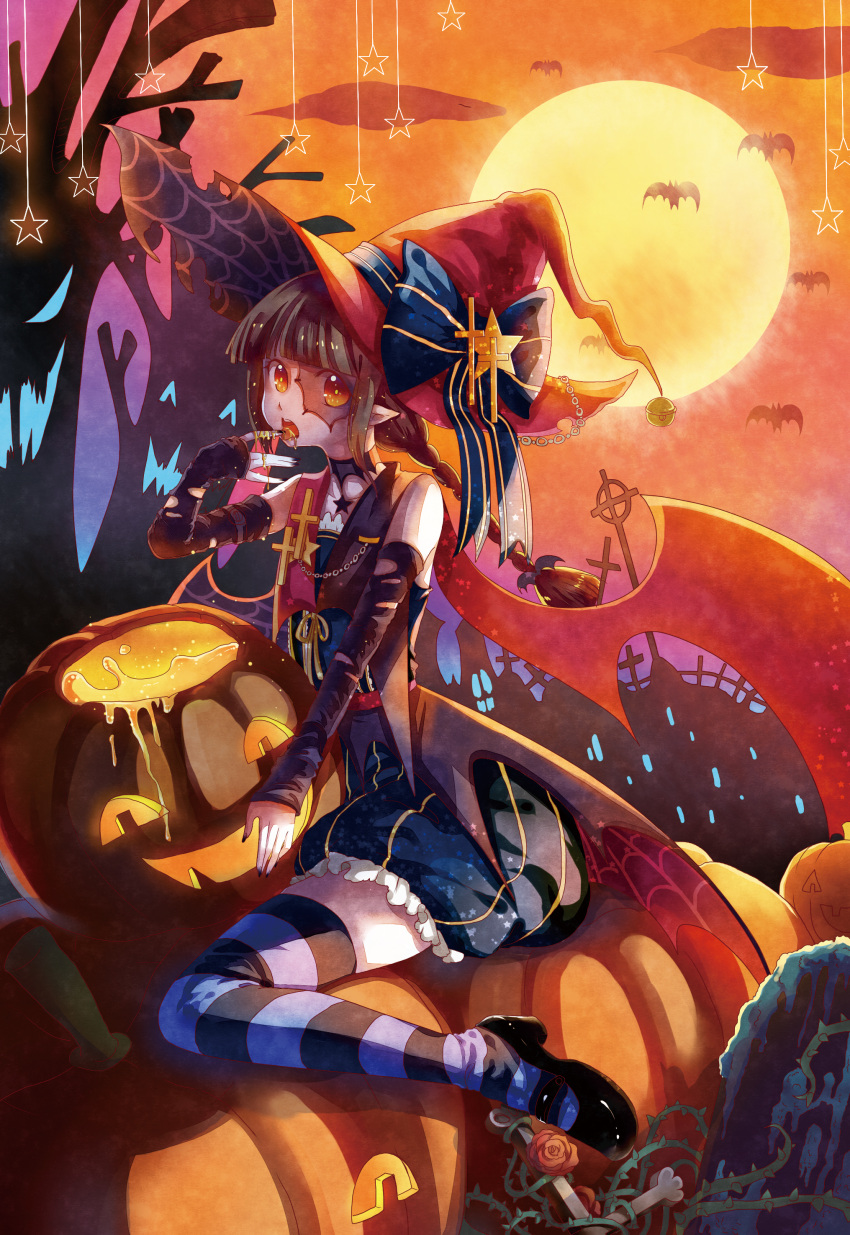 1girl \||/ ^_^ absurdres bare_shoulders bat bell black_fingernails braid brown_eyes brown_hair chain choker closed_eyes cross dingdang elbow_gloves finger_licking finger_to_mouth flower full_moon gloves graveyard halloween halloween_costume hat highres jack-o'-lantern licking looking_at_viewer moon oounabara_to_wadanohara pointy_ears pumpkin pumpkin_juice red_sky rose sitting sky solo sparkle_eyes star striped striped_legwear thigh-highs twin_braids wadanohara wariza wings witch_hat zettai_ryouiki