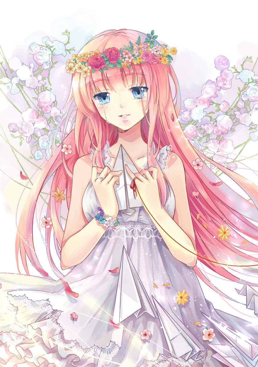 1girl absurdres blue_eyes crying crying_with_eyes_open dress ekira_nieto flower head_wreath highres just_be_friends_(vocaloid) long_hair megurine_luka paper_airplane parted_lips pink_hair red_string solo string tears vocaloid white_dress