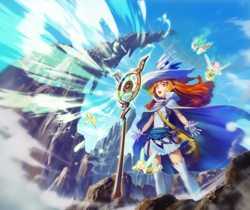 armlet bag cape covering_ears fairy gloves hat highres hime_cut iceojin long_hair open_mouth orange_hair original pixiv_fantasia pixiv_fantasia_t screaming staff tagme wind witch_hat