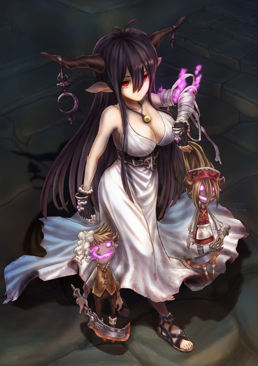 1girl black_hair breasts commentary danua granblue_fantasy highres horns legendpoon red_eyes sandals solo