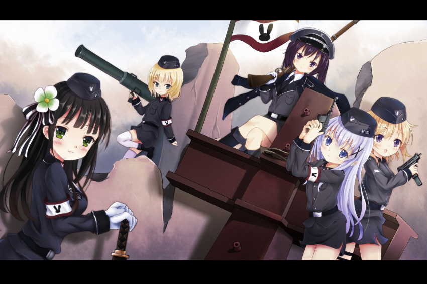 5girls absurdres armband black_hair blonde_hair blue_eyes blue_hair brown_hair flag flower garrison_cap gloves gochuumon_wa_usagi_desu_ka? green_eyes guhua67 gun hair_flower hair_ornament hairclip hat highres hoto_cocoa kafuu_chino kirima_sharo long_hair machine_pistol military military_uniform multiple_girls necktie peaked_cap purple_hair short_hair shotgun sword tedeza_rize twintails ujimatsu_chiya uniform violet_eyes weapon