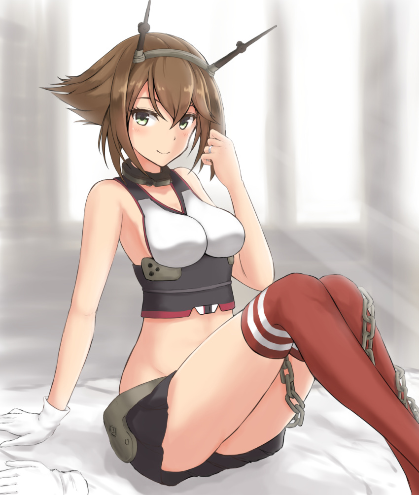 1girl arm_support bare_shoulders blush breasts brown_hair chain glove_removed gloves green_eyes headgear highres jewelry kantai_collection large_breasts looking_at_viewer midriff miniskirt monoku mutsu_(kantai_collection) ring short_hair single_glove sitting skirt smile solo thigh-highs wedding_band white_gloves