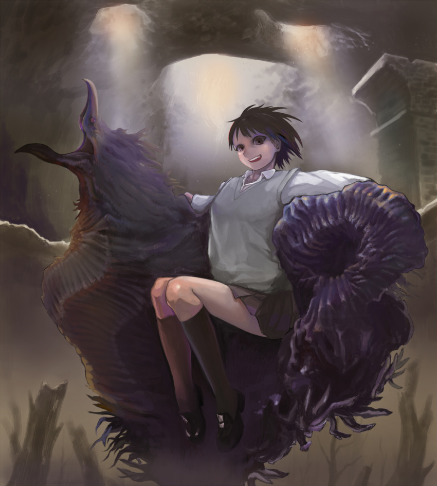 1girl beak brown_eyes brown_hair brown_legwear brown_skirt cave collared_shirt commentary_request crazy_eyes eldritch_abomination flat_chest floating highres kneehighs leaning open_mouth original pillar pleated_skirt shibafu_no_atama shirt shoes short_hair skirt smile vest violet_eyes