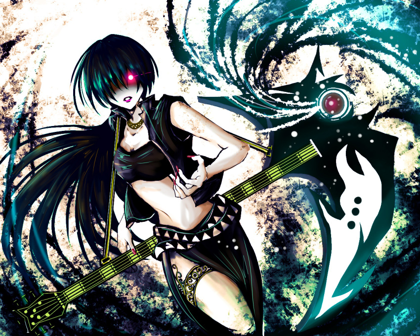 1girl black_hair breasts electric_guitar fingernails glowing glowing_eye guitar instrument jewelry long_fingernails long_hair long_skirt low_ponytail midriff motchi_(pixiv14209043) multiple_belts nail_polish navel necklace open_clothes open_vest red_eyes side_slit skirt solo strapless thigh_strap tubetop vest