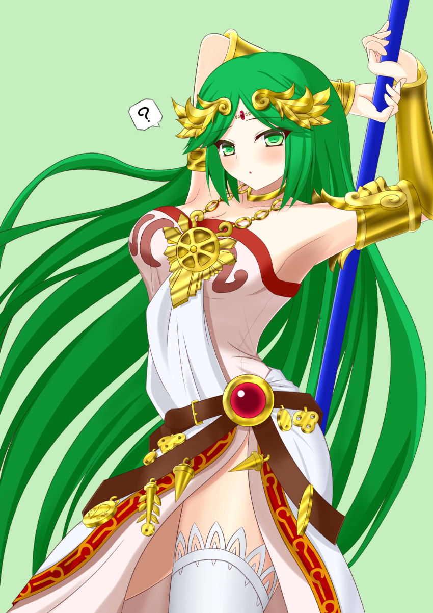 1girl :o ? armor bangs bare_shoulders belt blush bracelet breasts choker cleavage dress goddess green_eyes green_hair highres jewelry kid_icarus kid_icarus_uprising large_breasts long_hair looking_at_viewer multiple_belts necklace palutena pendant side_slit single_thighhigh solo staff strapless_dress swept_bangs thigh-highs tiara vambraces very_long_hair white_legwear