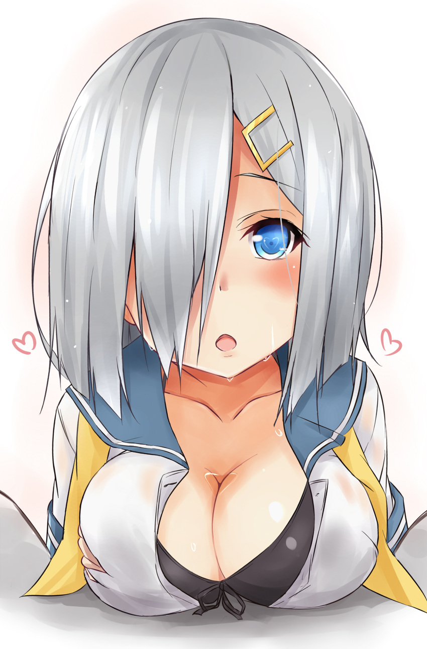 1girl absurdres black_bra blue_eyes bra breast_rest breasts cleavage hair_ornament hair_over_one_eye hairclip hamakaze_(kantai_collection) heart heart-shaped_pupils highres kantai_collection large_breasts looking_at_viewer neckerchief open_clothes open_mouth open_shirt saku_(kudrove) school_uniform serafuku shirt short_hair silver_hair solo symbol-shaped_pupils underwear upper_body
