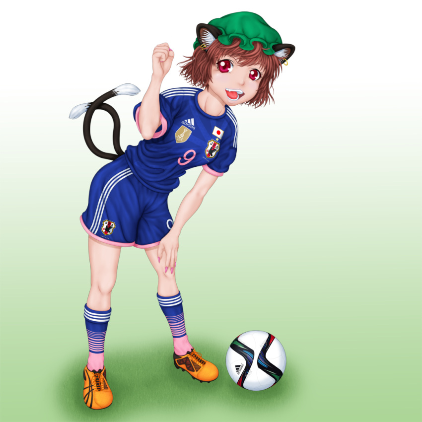 1girl 2015_fifa_women's_world_cup alternate_costume animal_ears ayashin_(sin_saku-cool) ball bending_forward brown_hair cat_ears cat_tail chen clenched_hand earrings fingernails gradient gradient_background green_background hand_on_own_knee japan japanese_flag jewelry looking_at_viewer mob_cap multiple_tails nail_polish open_mouth pink_nails raised_hand red_eyes sharp_fingernails shoes short_hair simple_background sneakers soccer_ball soccer_uniform solo sportswear striped striped_legwear tail touhou tube_socks world_cup