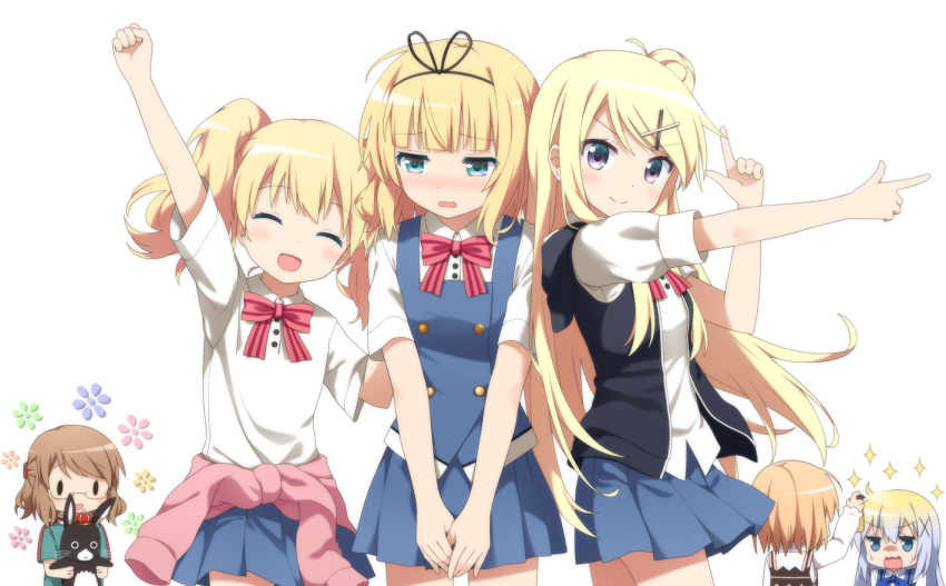 &gt;:) 6+girls :d ^_^ alice_cartelet alternate_costume anko_(gochuumon_wa_usagi_desuka?) arm_up blonde_hair blue_eyes blue_hair blush bottle bowtie brown_hair clenched_hand closed_eyes clothes_around_waist crossover crown finger_gun girl_sandwich glasses gochuumon_wa_usagi_desu_ka? hair_bun hair_ornament hairband hairclip hand_on_another's_back haribote_(tarao) holding hoodie_vest hoto_cocoa kafuu_chino karasuma_sakura kin-iro_mosaic kirima_sharo kujou_karen long_hair manga_time_kirara mini_crown multicolored_hair multiple_girls nose_blush open_mouth outstretched_arm pleated_skirt rabbit rimless_glasses sandwiched school_uniform shirt short_hair short_sleeves skirt smile solid_oval_eyes sparkle spray_bottle striped striped_bowtie sweatdrop sweater_around_waist twintails two-tone_hair v_arms very_long_hair vest violet_eyes white_background