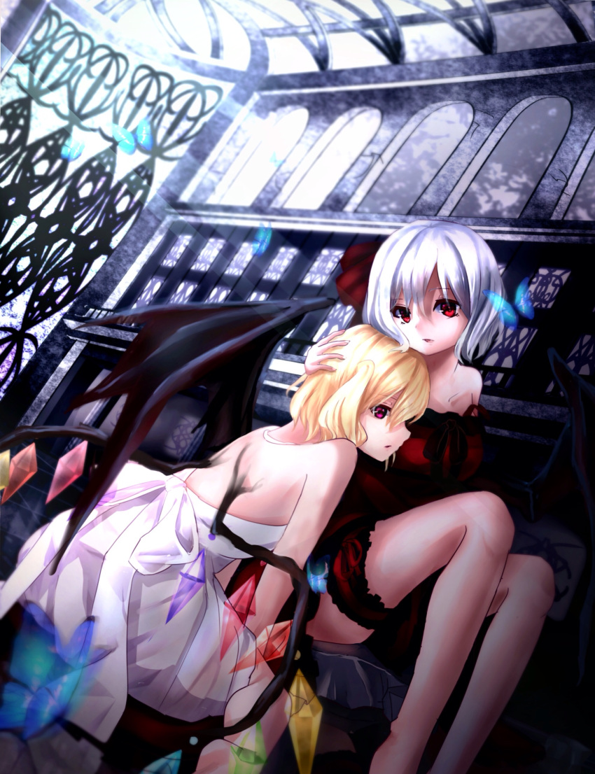 2girls absurdres alternate_costume bare_legs bat_wings blonde_hair butterfly chikawa_shibainu church collarbone dress flandre_scarlet garters hair_ribbon hand_on_another's_head head_on_chest head_on_head highres leaning_on_person light_rays looking_at_viewer multiple_girls open-back_dress parted_lips red_dress red_eyes remilia_scarlet ribbon short_hair siblings side_ponytail silver_hair sisters sitting strapless_dress sunbeam sunlight touhou white_dress wings