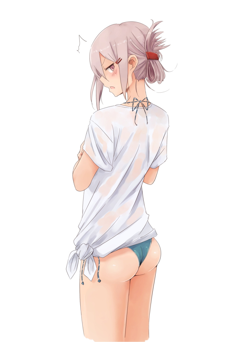 1girl 31_pacers annoyed aqua_bikini ass bikini blush cowboy_shot folded_ponytail from_behind grey_eyes grey_hair hair_ornament hairclip highres looking_at_viewer looking_back original shirt short_hair simple_background solo swimsuit tied_shirt white_background