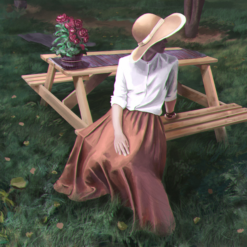 1girl bench flower hat highres long_skirt looking_away original plant potted_plant raiine_rand sitting skirt solo