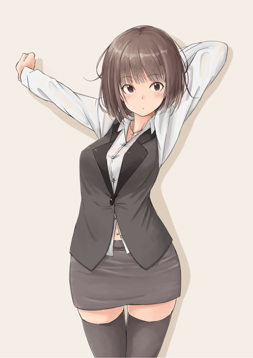 1girl 31_pacers :o black_eyes breasts brown_hair cowboy_shot formal highres jewelry navel necklace original pencil_skirt short_hair skirt solo stretch suit thigh-highs thighs vest zettai_ryouiki