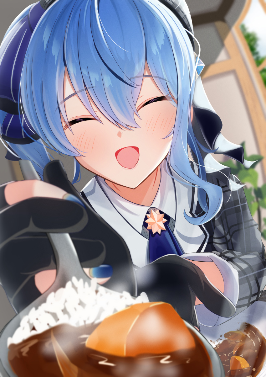 1girl absurdres ascot beret black_gloves blue_ascot blue_hair blue_nails blue_ribbon blurry blurry_background blush closed_eyes collared_shirt commentary_request curry curry_rice double-parted_bangs facing_viewer fingernails food foreshortening gloves grey_headwear grey_jacket hair_between_eyes hair_ribbon hat highres holding holding_spoon hololive hoshimachi_suisei hoshimachi_suisei_(1st_costume) incoming_food indoors jacket kurenaiaoi0 long_fingernails long_hair long_sleeves nail_polish open_mouth partially_fingerless_gloves plaid plaid_headwear plaid_jacket plate ribbon rice shirt side_ponytail smile solo spoon star_(symbol) virtual_youtuber white_shirt