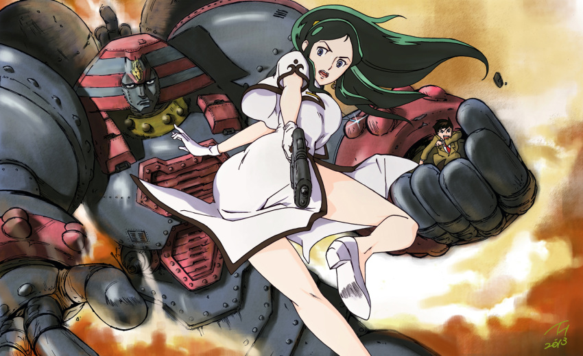 1boy 1girl china_dress chinese_clothes giant_robo giant_robo_(mecha) ginrei green_hair gun kujira_gunsou kusama_daisaku long_hair mecha weapon