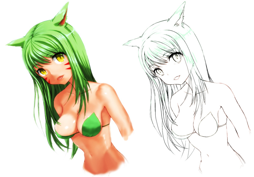 1girl akiresu animal_ears bare_shoulders bikini breasts cat_ears colored facial_mark final_fantasy final_fantasy_xiv green_bikini green_hair lineart long_hair looking_at_viewer miqo'te navel open_mouth simple_background slit_pupils solo swimsuit upper_body white_background yellow_eyes